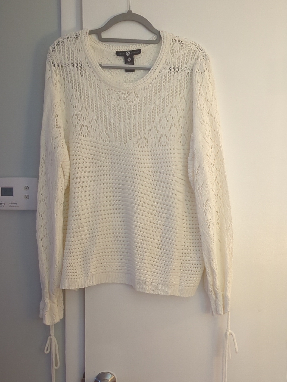 Ashley Stewart Cream Open-Stitch Crewneck Sweater